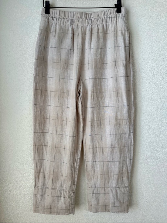 Zara Pants - Zara Plaid Window Pain Cropped Cotton Linen Blend Pants-Cream Navy-Size Small